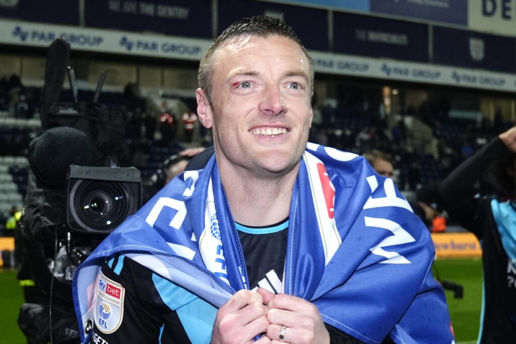 Leicester City's Jamie Vardy celebrates securing the Championship title after the Sky Bet Championship match at Deepdale, Preston. Picture date: Monday April 29, 2024.