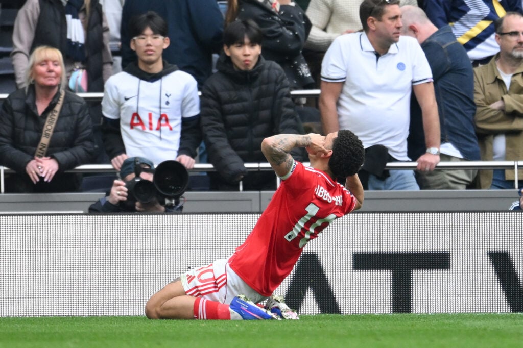 Nottingham Forest star Morgan Gibbs-White celebrates a goal vs Tottenham