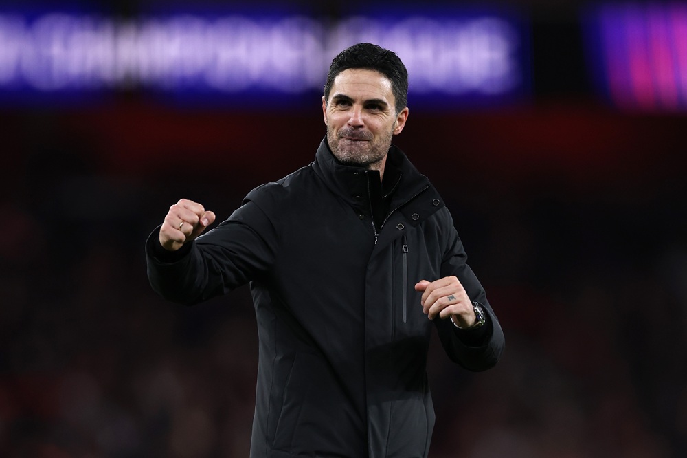 Mikel Arteta, Manager of Arsenal, celebrates after the team's victory in the UEFA Champions League 2025/26 Round of 16 Second Leg match between Ars...
