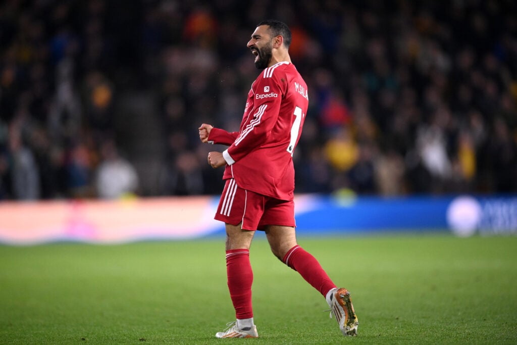 Mo Salah celebrates scoring for Liverpool