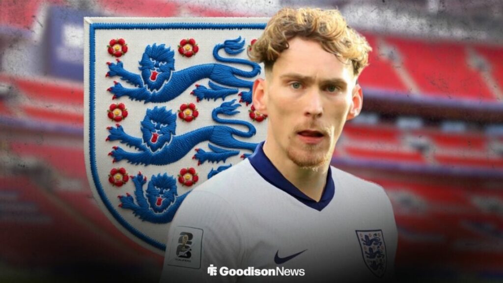 Everton midfielder James Garner in an England shirt