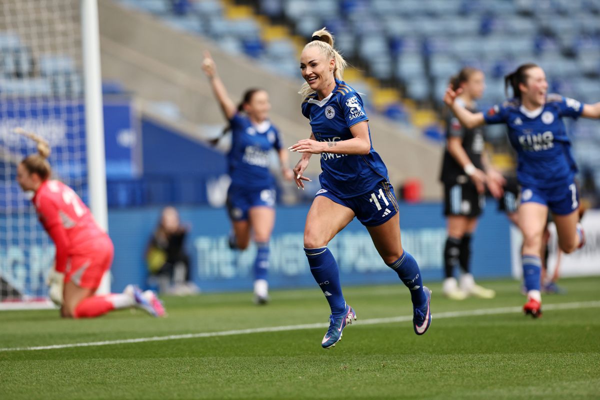 Alisha Lehmann celebrates after scoring to make it 1-0 during the Barclays Women's Super League match between Leicester City Women and Aston Villa Women at King Power Stadium.