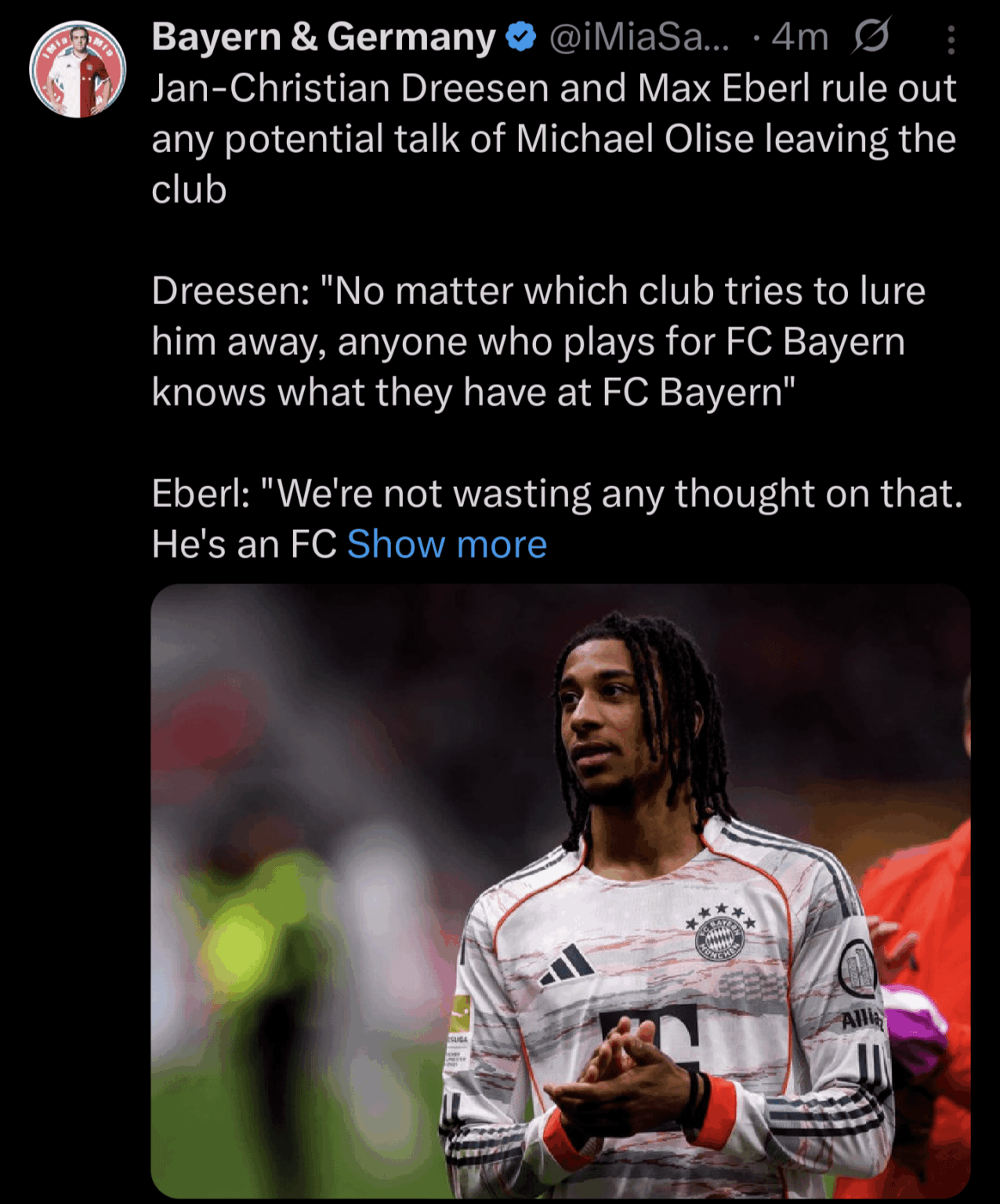 Jan-Christian Dreesen and Max Eberl rule out any potential talk of Michael Olise leaving the club.