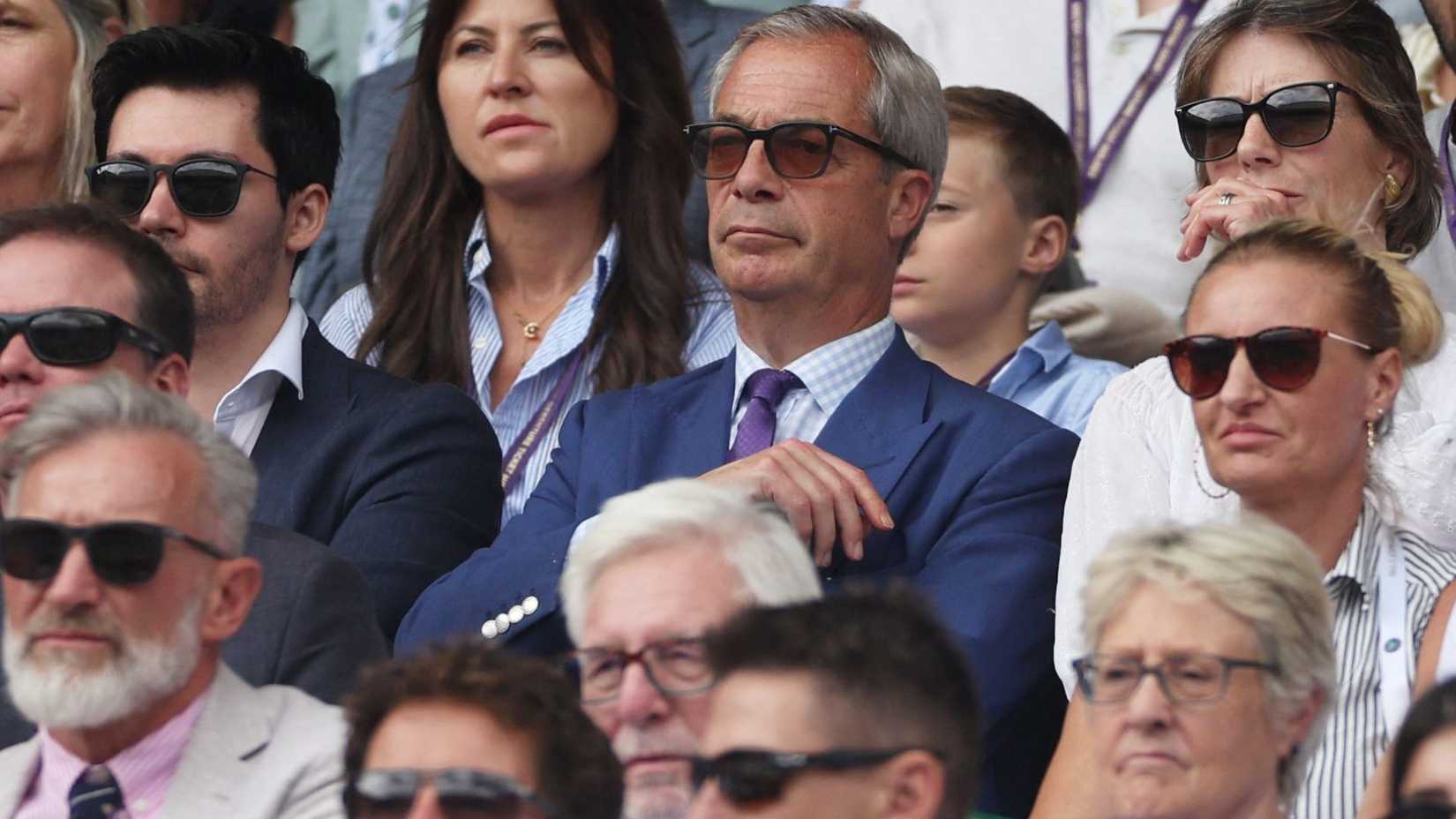 Tennis - Wimbledon - All England Lawn Tennis and Croquet Club, London, Britain - July 14, 2024 Britain's Reform UK Party Leader Nigel Farage is seen in the stands during the men's singles final between Spain's Carlos Alcaraz and Serbia's Novak Djokovic REUTERS/Paul Childs