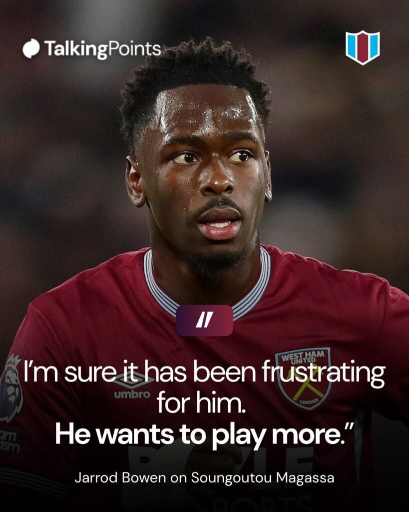 Soungoutou Magassa of West Ham United during the Premier League match between West Ham United and Fulham at London Stadium on December 27, 2025 in London, England.