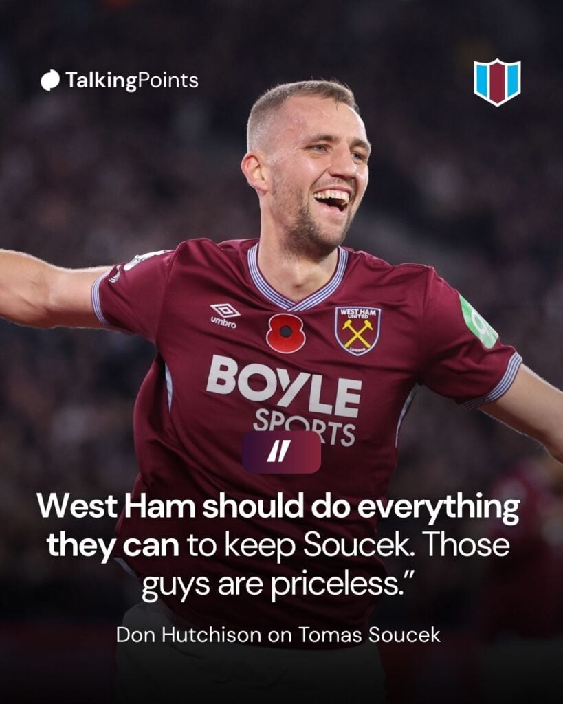 West Ham United's Tomas Soucek celebrates scoring his side's second goal during the Premier League match between West Ham United and Burnley at London Stadium on November 8, 2025 in London, England.