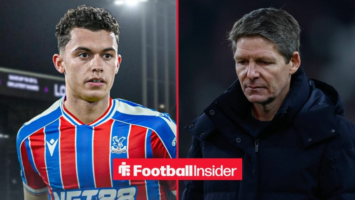 Crystal Palace winger Brennan Johnson stares across a split image towards manager Oliver Glasner, who hangs his head in shame.