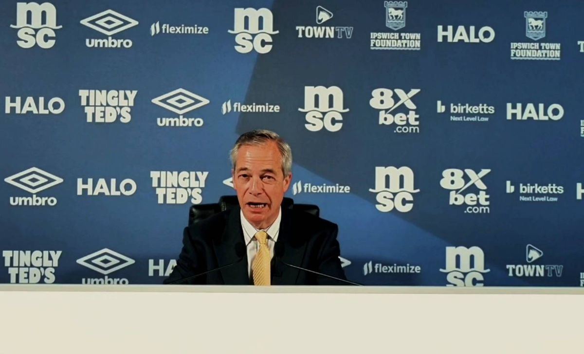Nigel Farage posing at Portman Road