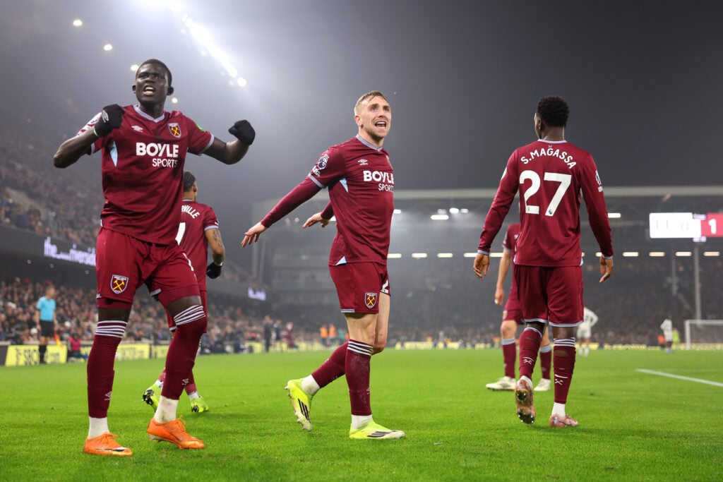 El Hadji Malick Diouf and Jarrod Bowen celebrate Fulham v West Ham United - Premier League