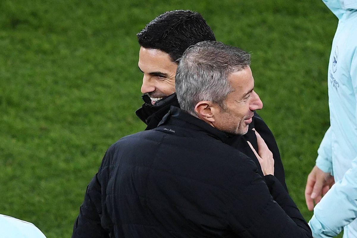 Mikel Arteta, Manager of Arsenal and Andrea Berta, Sporting Director of Arsenal, celebrate after the UEFA Champions League 2024/25 Quarter Final First Leg match between Arsenal FC and Real Madrid C.F. at Arsenal Stadium on April 08, 2025