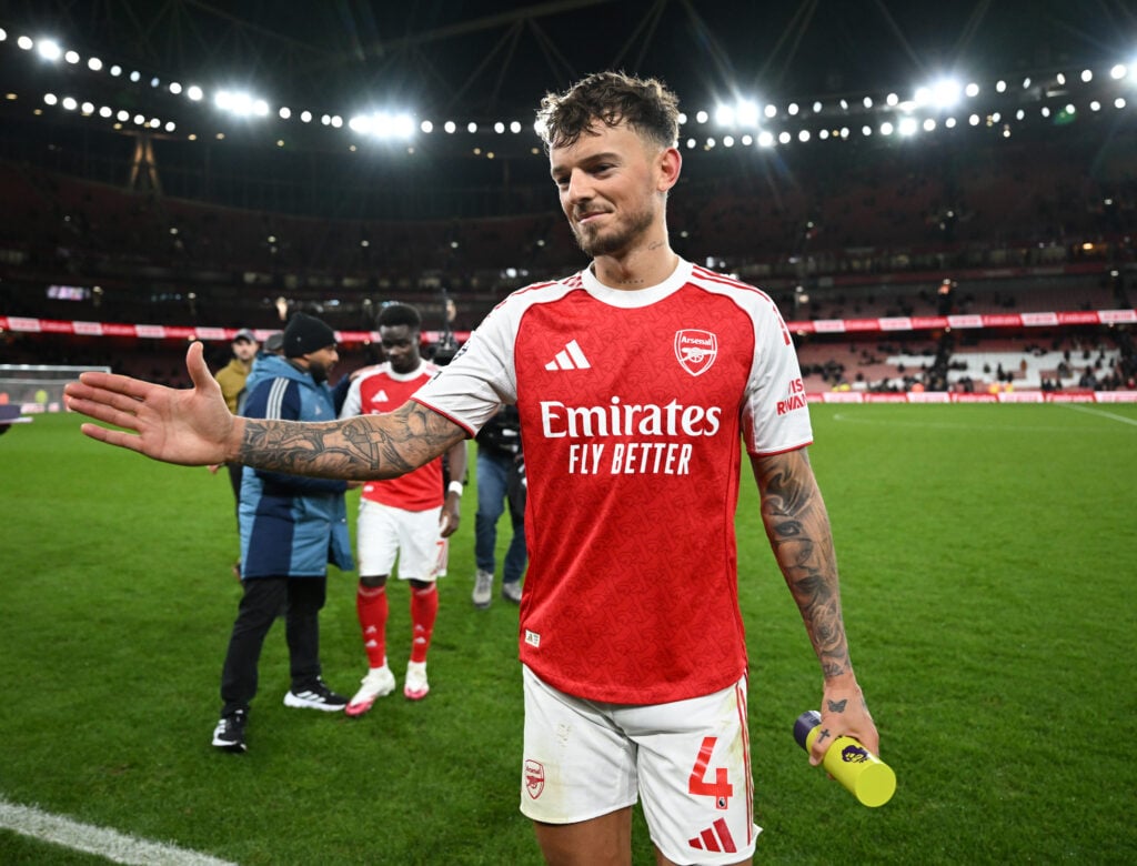 Arsenal's Ben White with the Player Of The Match award after the Premier League match between Arsenal and Brentford at Emirates Stadium.