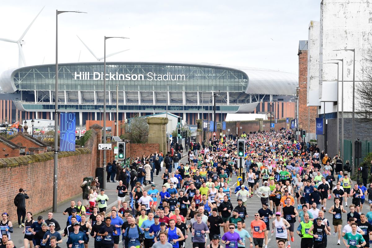 The start of the BTR Liverpool Half Marathon from the Hill Dickinson Stadium.