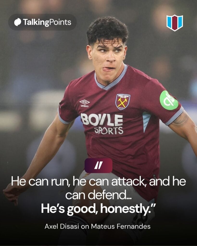 West Ham United's Mateus Fernandes during the Premier League match between West Ham United and Manchester United at London Stadium on February 10, 2026 in London, United Kingdom.
