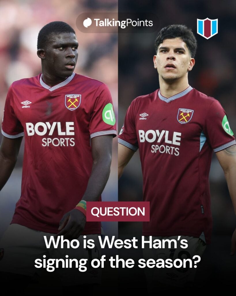 Malick Diouf playing for West Ham against Newcastle United. Mateus Fernandes playing for West Ham against Tottenham.