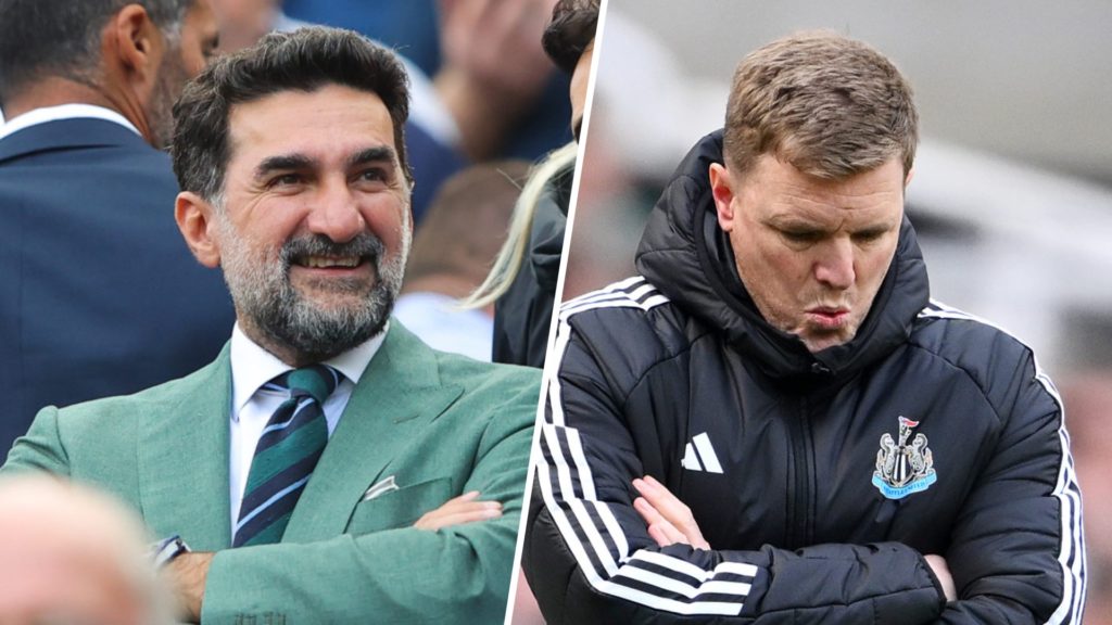 Newcastle United chairman Yasir Al-Rumayyan in the stands at St James' Park, Newcastle United manager Eddie Howe looks to the ground