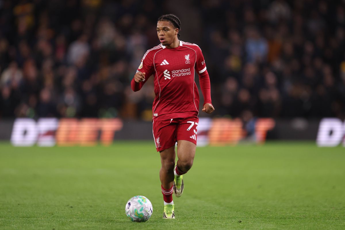 WOLVERHAMPTON, ENGLAND - MARCH 03: Rio Ngumoha of Liverpool during the Premier League match between Wolverhampton Wanderers and Liverpool at Molineux on March 03, 2026 in Wolverhampton, England. (Photo by Catherine Ivill - AMA/Getty Images)