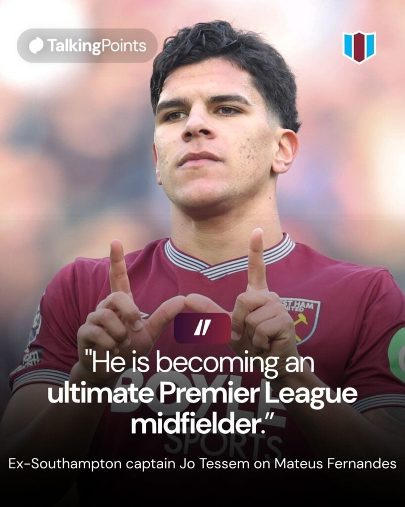West Ham United's Mateus Fernandes celebrates scoring his side's third goal during the Premier League match between West Ham United and Sunderland at London Stadium on January 24, 2026 in London, England.