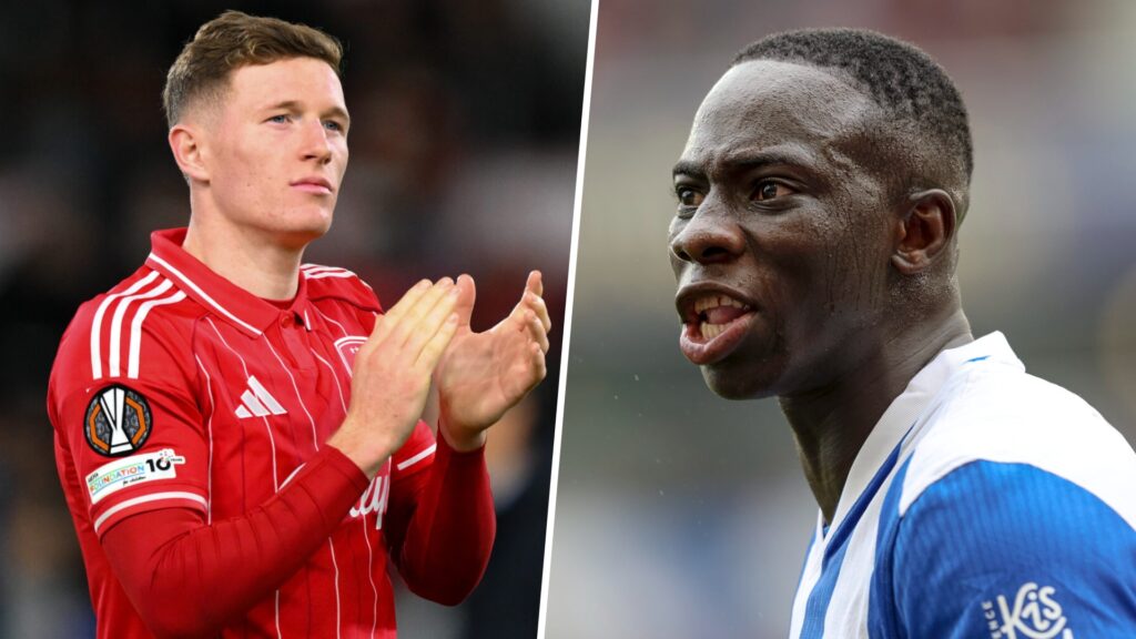 Split image showing Elliot Anderson playing for Nottingham Forest and Yankuba Minteh playing for Brighton