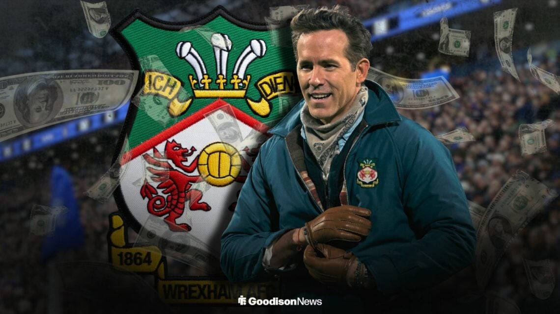 Ryan Reynolds in a Wrexham jacket next to a Wrexham badge