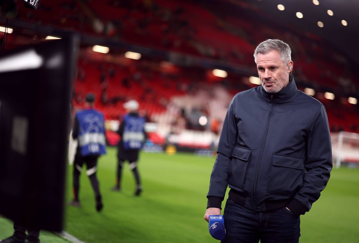 LIVERPOOL, ENGLAND - MARCH 18: Pundit Jamie Carragher watches a pitch side monitor prior to the UEFA Champions League 2025/26 Round of 16 Second Leg match between Liverpool FC and Galatasaray SK at Anfield on March 18, 2026 in Liverpool, England. (Photo by Carl Recine/Getty Images)