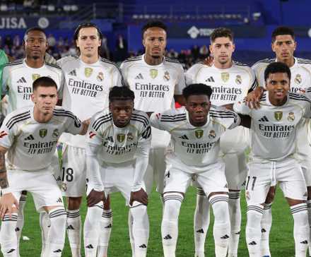 Real Madrid players pose for a team group photo before the match