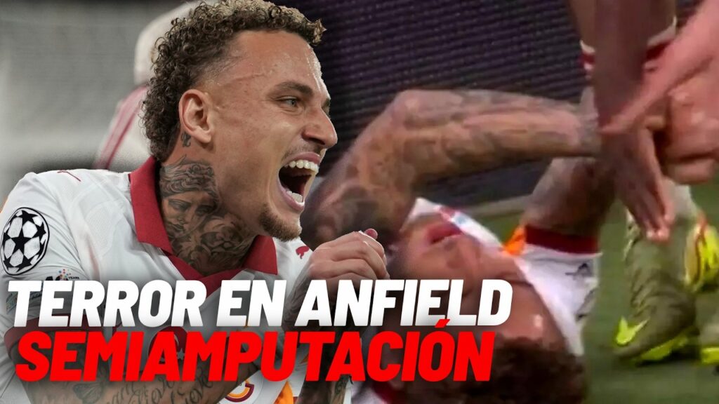 Momento en el que Noa Lang se secciona el dedo al chocar con la valla de publicidad de Anfield MARCA
