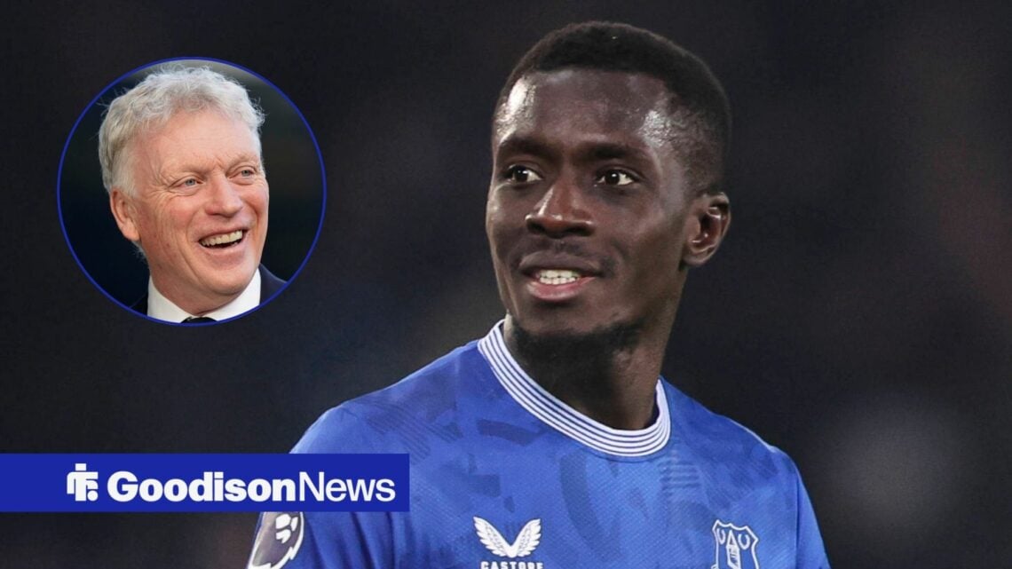 Idrissa Gueye looks on while playing for Everton, alongside a circular inset of a smiling David Moyes (left)