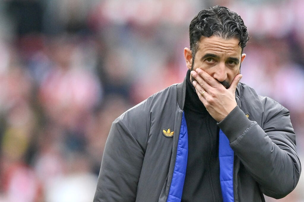 Ruben Amorim looks dejected during the Premier League match between Brentford and Manchester United at the Brentford Community Stadium in 2025 in Brentford, England.