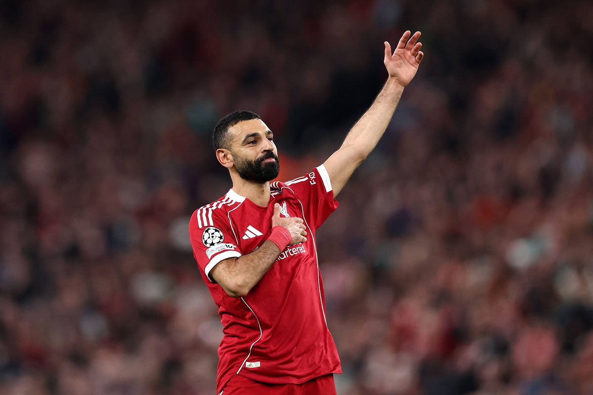 LIVERPOOL, ENGLAND - MARCH 18: Mohamed Salah of Liverpool celebrates scoring his team's fourth goal during the UEFA Champions League 2025/26 Round of 16 Second Leg match between Liverpool FC and Galatasaray SK at Anfield on March 18, 2026 in Liverpool, England. (Photo by Alex Pantling - UEFA/UEFA via Getty Images)