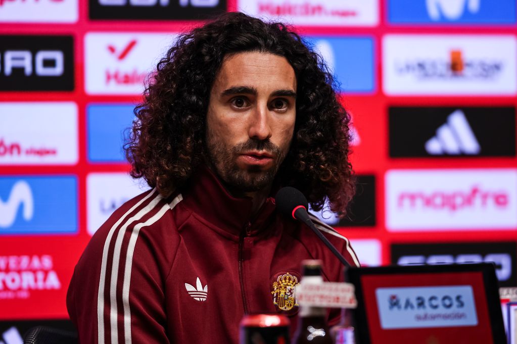 Marc Cucurella of Spain attends the press conference ahead of the International friendly, football match against Egypt at RCDE Stadium on March 30, 2026 in Cornella, Spain