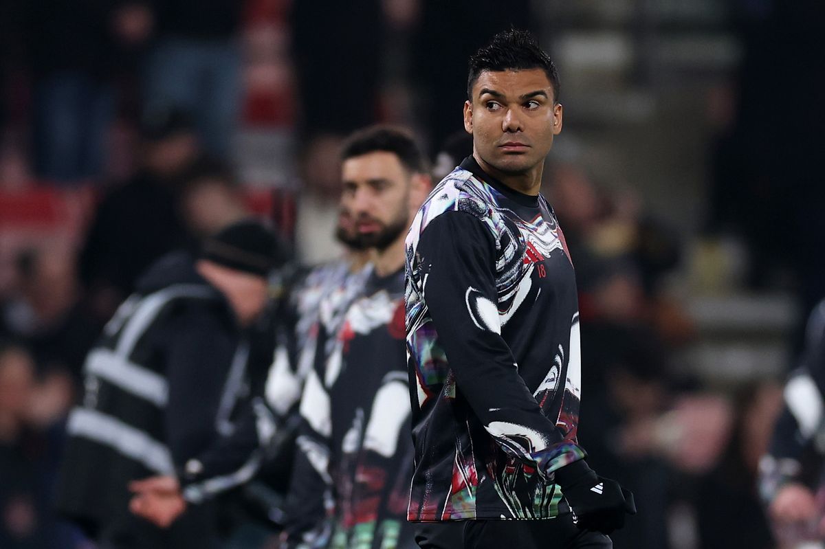 Casemiro of Manchester United warms up prior to the Premier League match between Bournemouth and Manchester United at Vitality Stadium on March 20, 2026 in Bournemouth, England