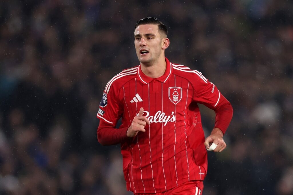 LEEDS, ENGLAND - FEBRUARY 06: Lorenzo Lucca of Nottingham Forest during the Premier League match between Leeds United and Nottingham Forest at Elland Road on February 06, 2026 in Leeds, England. (Photo by George Wood/Getty Images)
