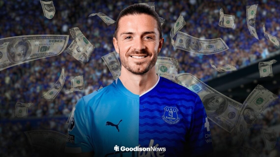 Jack Grealish in a half Manchester City shirt and half Everton shirt