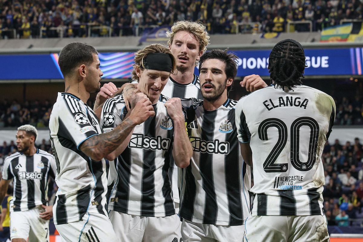 Newcastle?s Anthony Gordon celebrates after scoring against Royale Union Saint-Gilloise