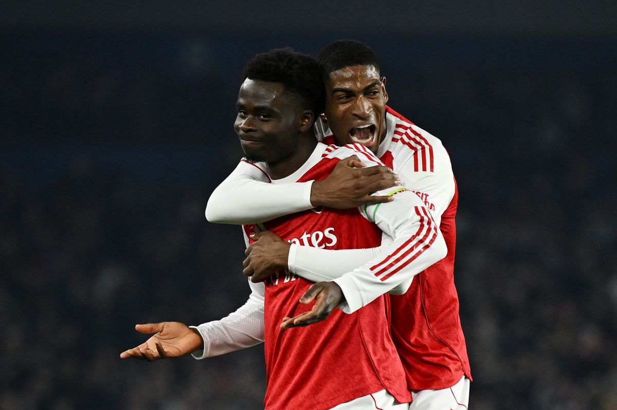 Bukayo Saka celebrates scoring Arsenal's first goal against Brighton