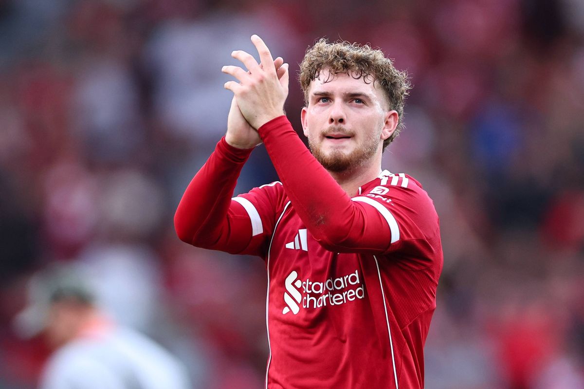 Harvey Elliott of Liverpool applauds the fans during the pre-season friendly match between Liverpool v Athletic Club Bilbao at Anfield on August 4, 2025 in Liverpool, England.
