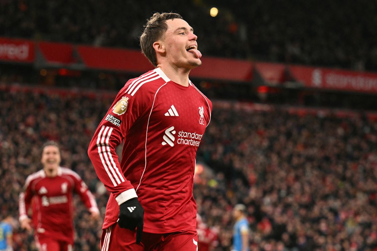 Florian Wirtz celebrates after scoring his first goal for Liverpool in the win over Wolves