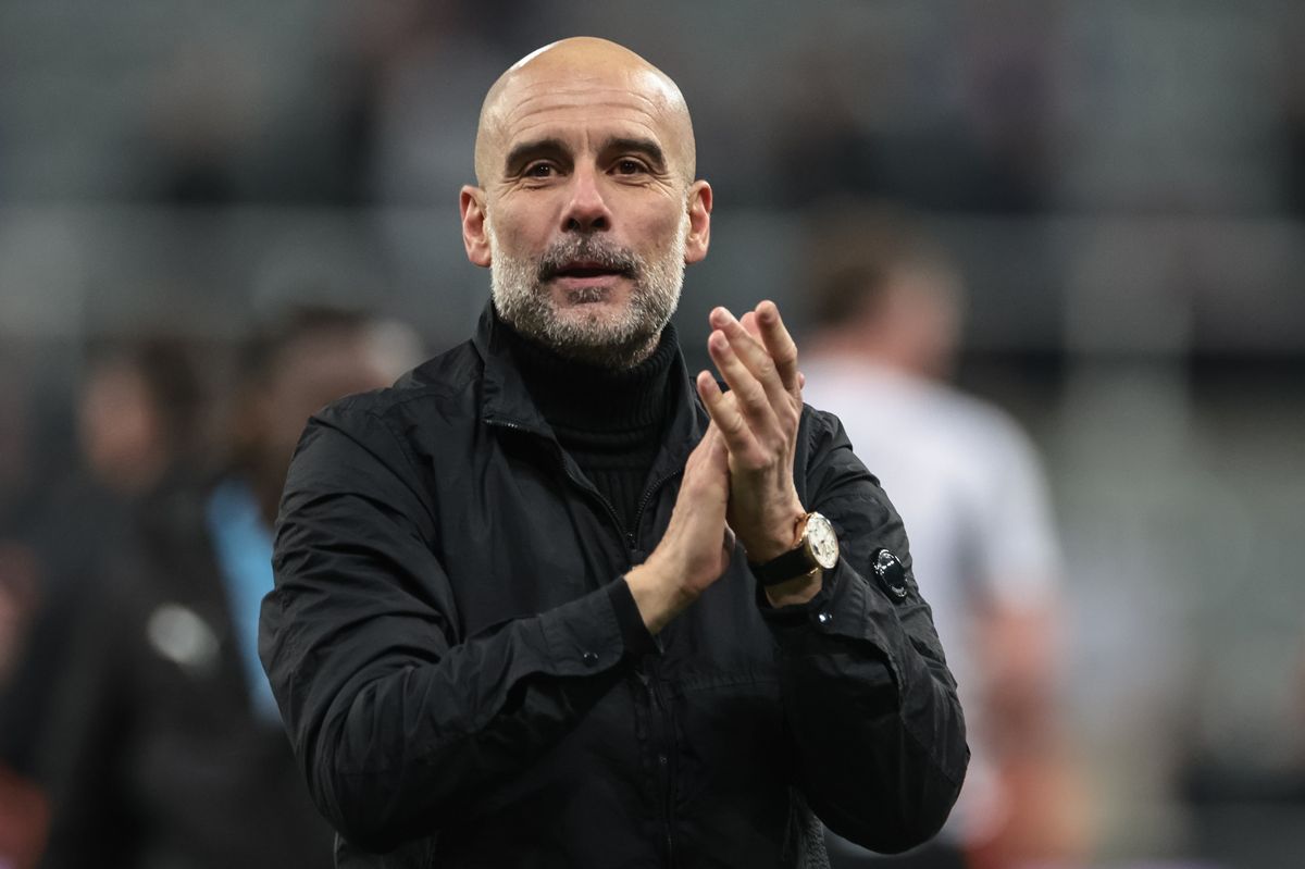 Pep Guardiola, manager of Manchester City, celebrates the 1-3 win with the traveling fans during the Emirates FA Cup 5th Round match between Newcastle United and Manchester City at St. James's Park in Newcastle, United Kingdom, on March 7, 2026. (Photo by Mark Cosgrove/News Images/NurPhoto via Getty Images)