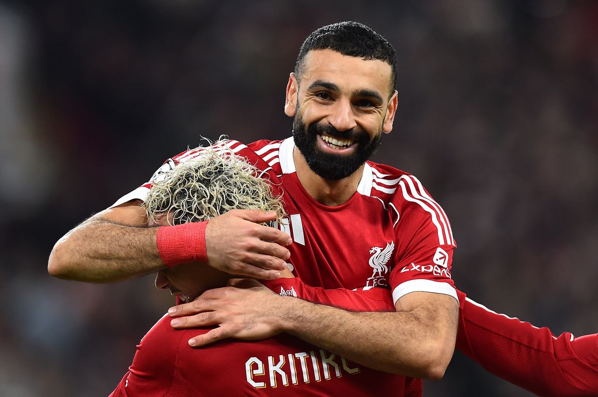 LIVERPOOL, ENGLAND - MARCH 18: Hugo Ekitike of Liverpool celebrates scoring his side's second goal with team-mate Mohamed Salah during the UEFA Champions League 2025/26 Round of 16 Second Leg match between Liverpool FC and Galatasaray SK at Anfield on March 18, 2026 in Liverpool, England. (Photo by Chris Brunskill/Fantasista/Getty Images)