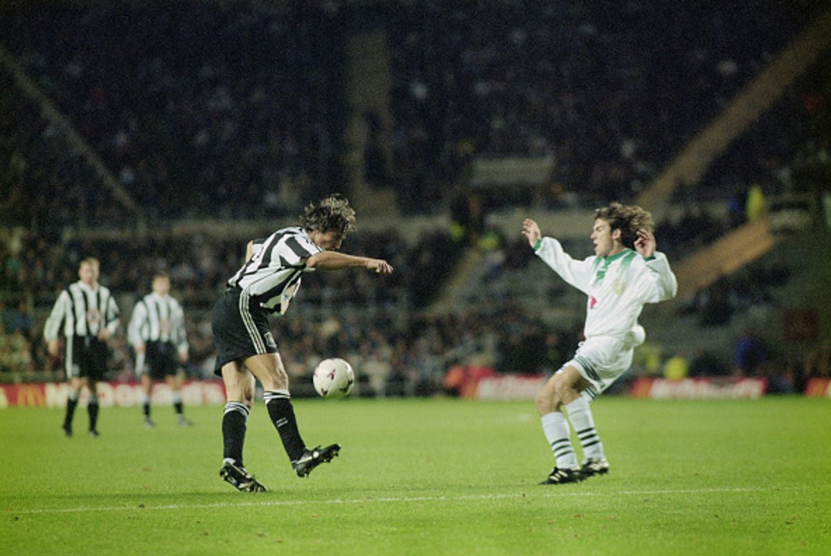 Newcastle United player David Ginola juggles the ball before volleying home a superb goal for Newcastle United during their UEFA Cup 2nd Round 2nd Leg match against Ferencvaros at St James' Park 