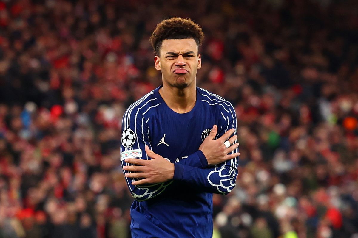 Desire Doue celebrates against Liverpool