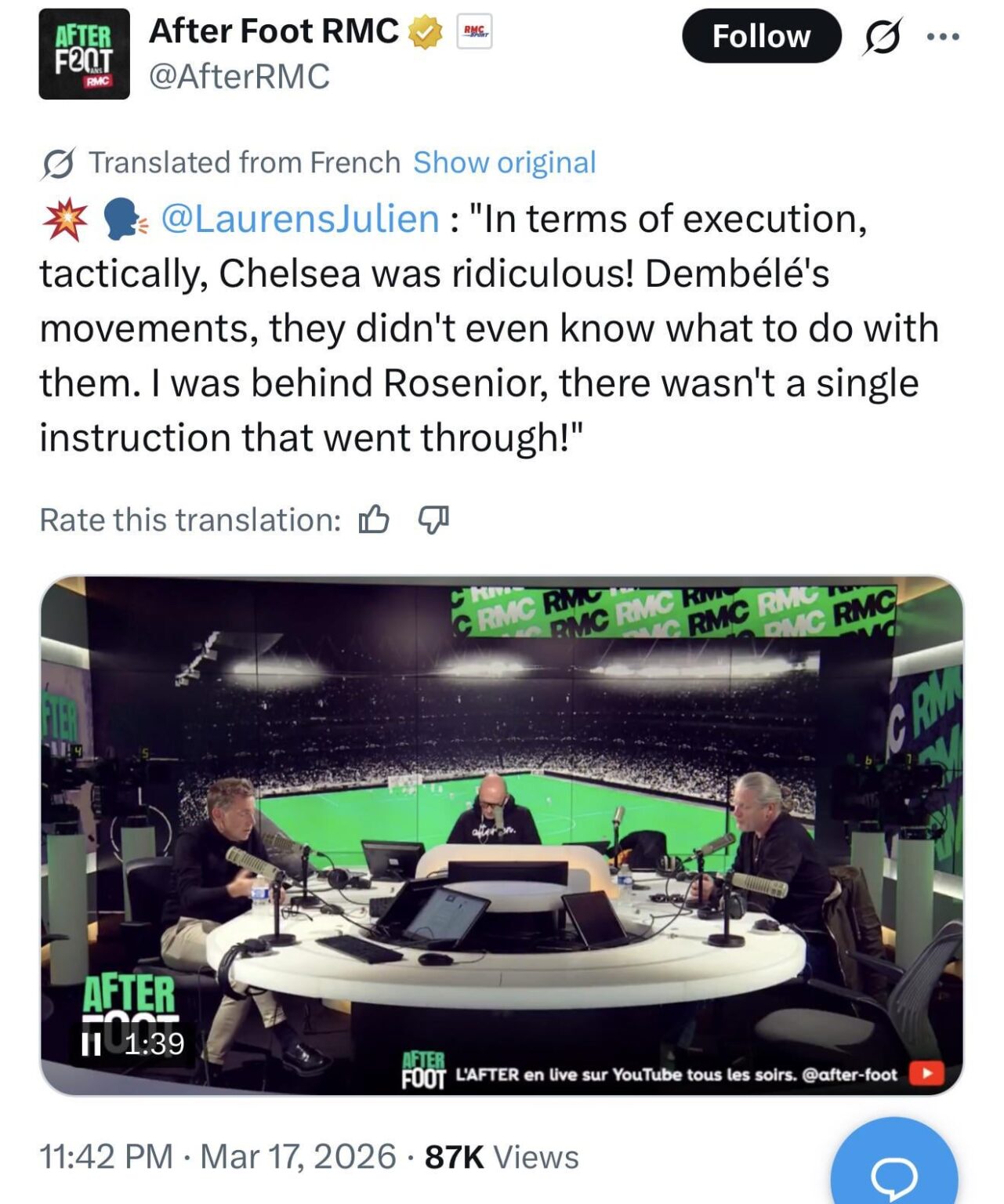 Laurens Julien speaking on RMC: “I was behind Rosenior, there wasn't a single instruction that went through!”