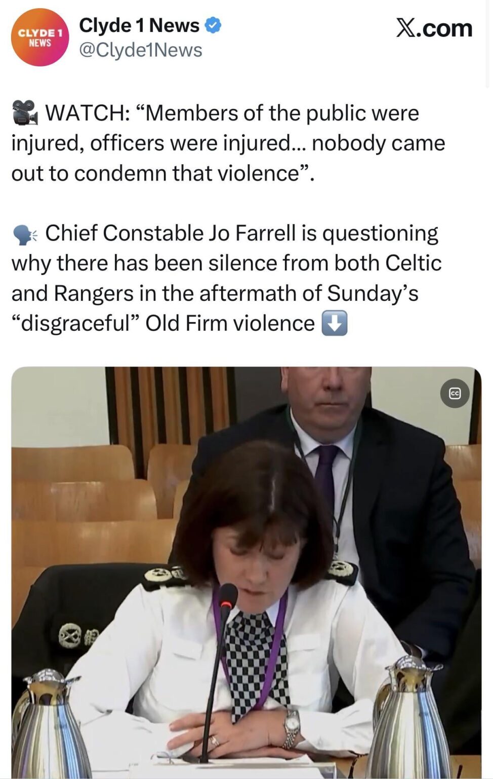 Police Scotland Chief Constable Jo Farrell is questioning why there has been silence from both Celtic and Rangers in the aftermath of Sunday’s “disgraceful” Old Firm violence