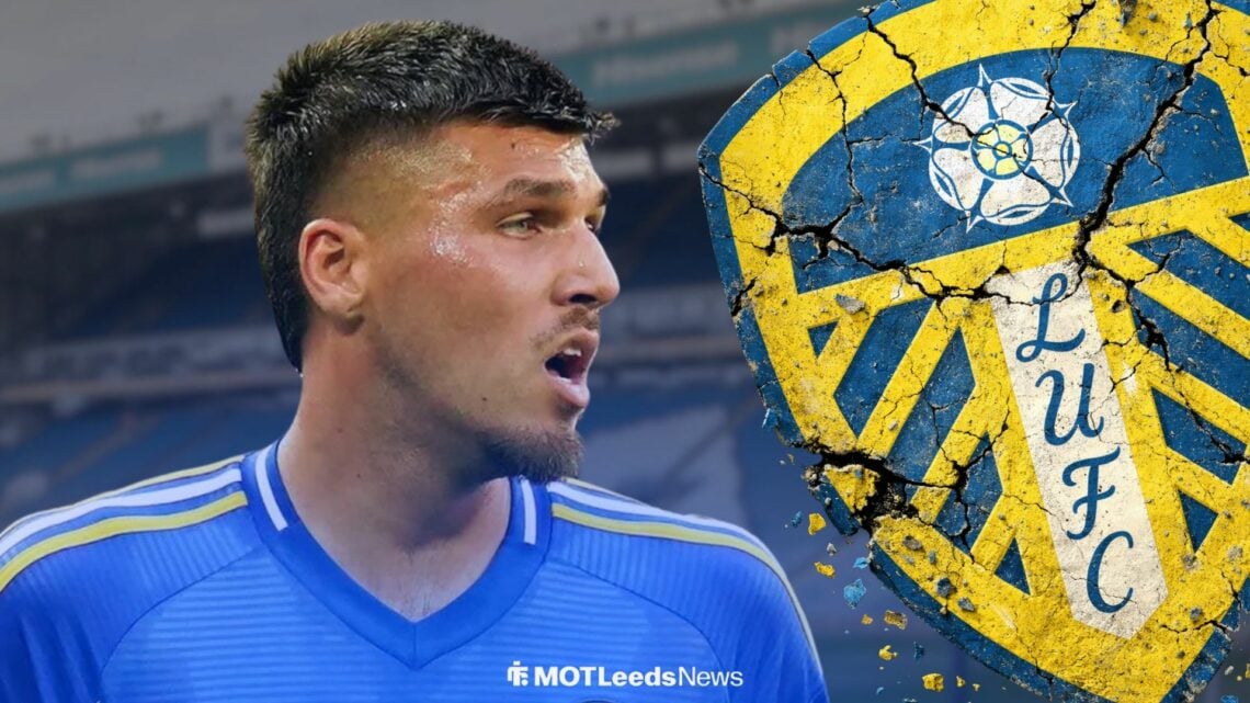 Joel Piroe with cracked Leeds badge