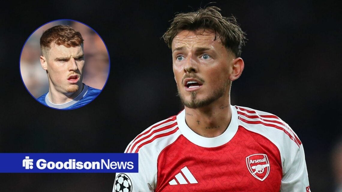 Ben White looking worried for Arsenal with circular inset of Jake O'Brien