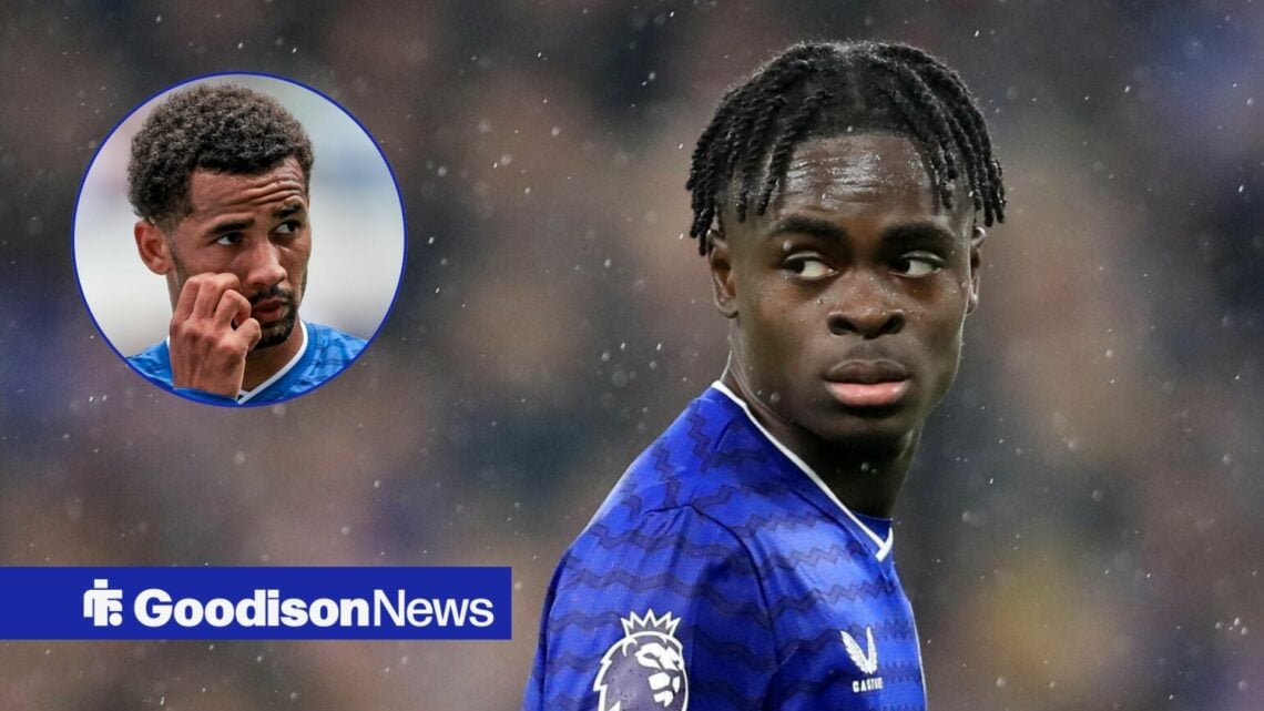 Tyrique George looking at Everton star Iliman Ndiaye.