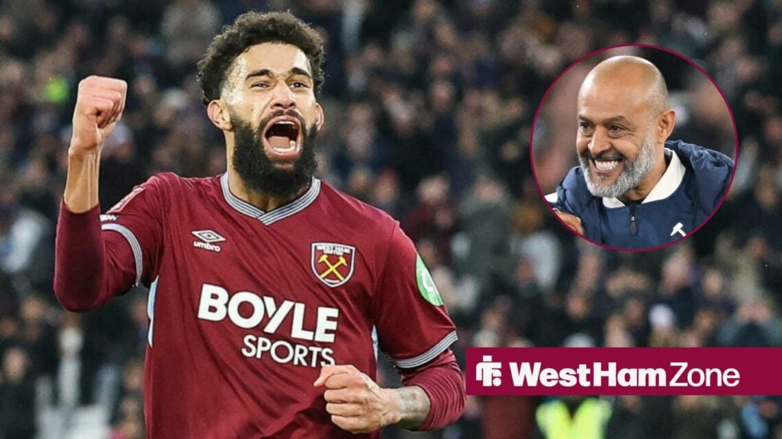 West Ham striker Pablo fist pumps in celebration alongside a circular inset of smiling head coach Nuno Espirito Santo (top right)