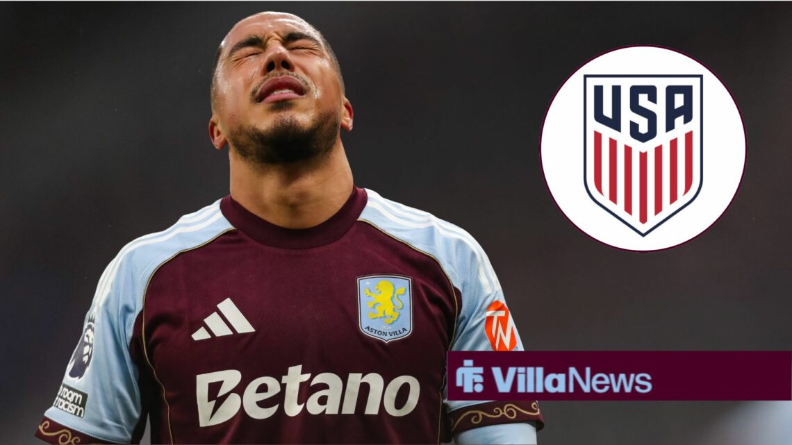 Youri Tielemans looking gutted at Aston Villa alongside a circle inset of the USMNT logo
