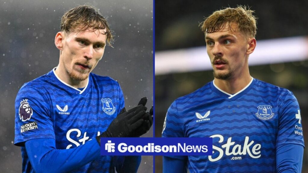 Everton duo Kiernan Dewsbury-Hall and James Garner both in Everton shirts while in a 50:50 image.