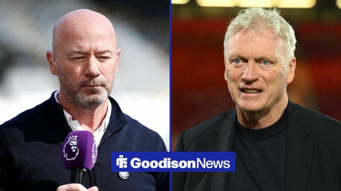 Alan Shearer looking in the direction of Everton manager David Moyes.
